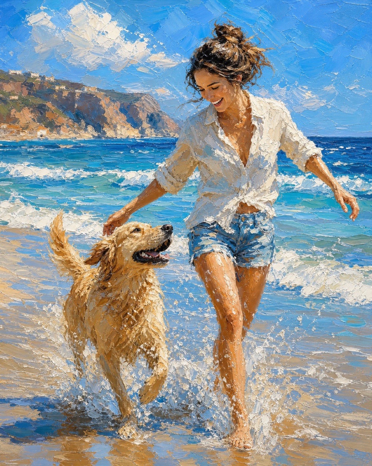 成年女性与金毛犬在海边玩耍的厚涂油画样图