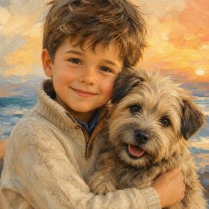 男孩拥抱小梗犬的暖色油画肖像样图
