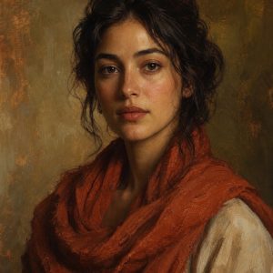 佩戴陶土红围巾的成年女性油画肖像样图