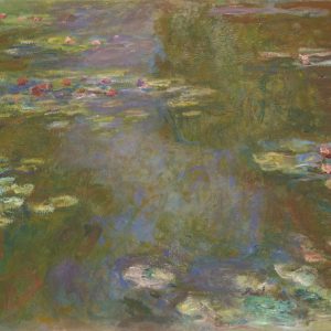 莫奈创作的睡莲池油画，水面铺满绿色、紫色与粉色笔触