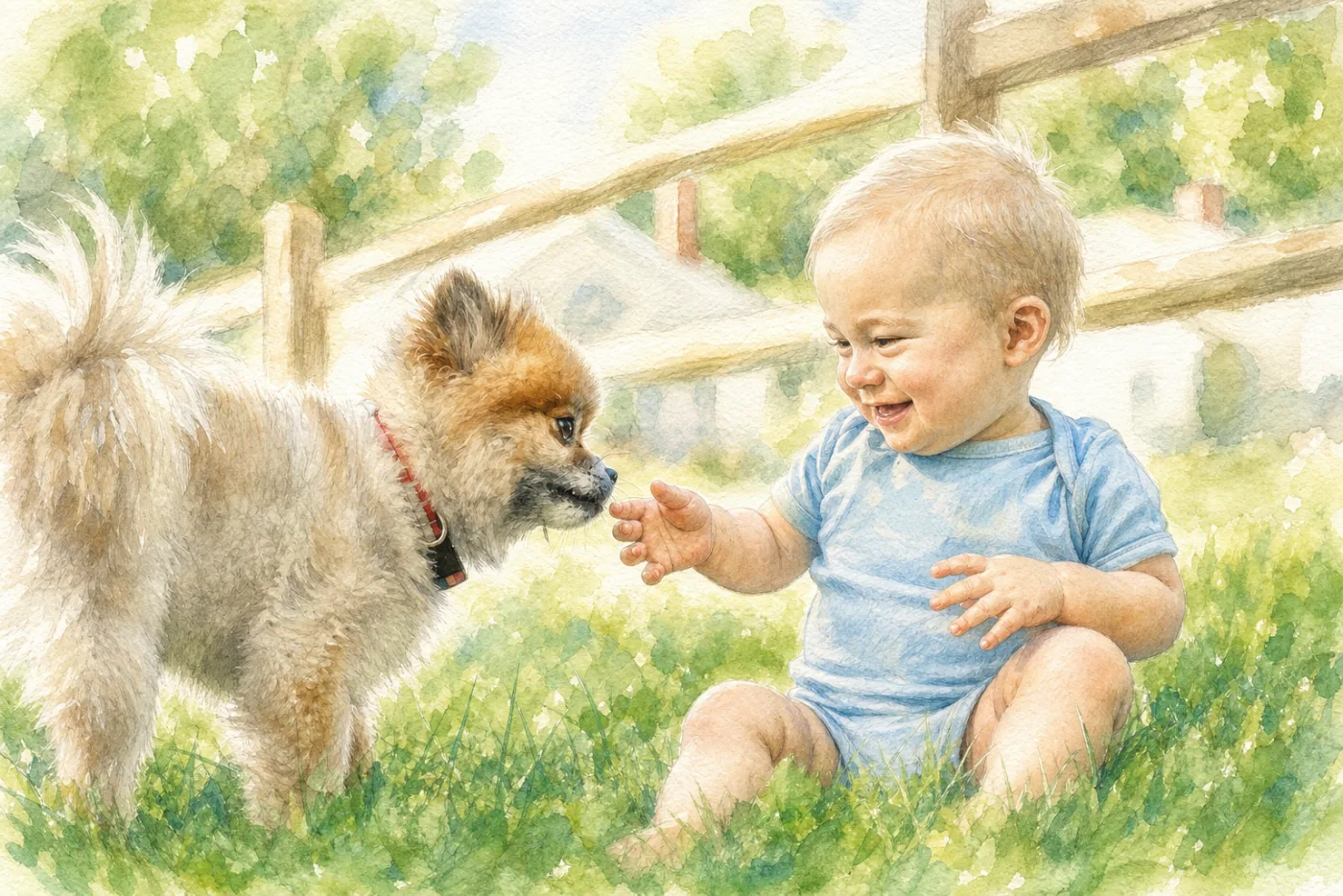 幼儿与爱犬互动的水彩纪念画效果示例