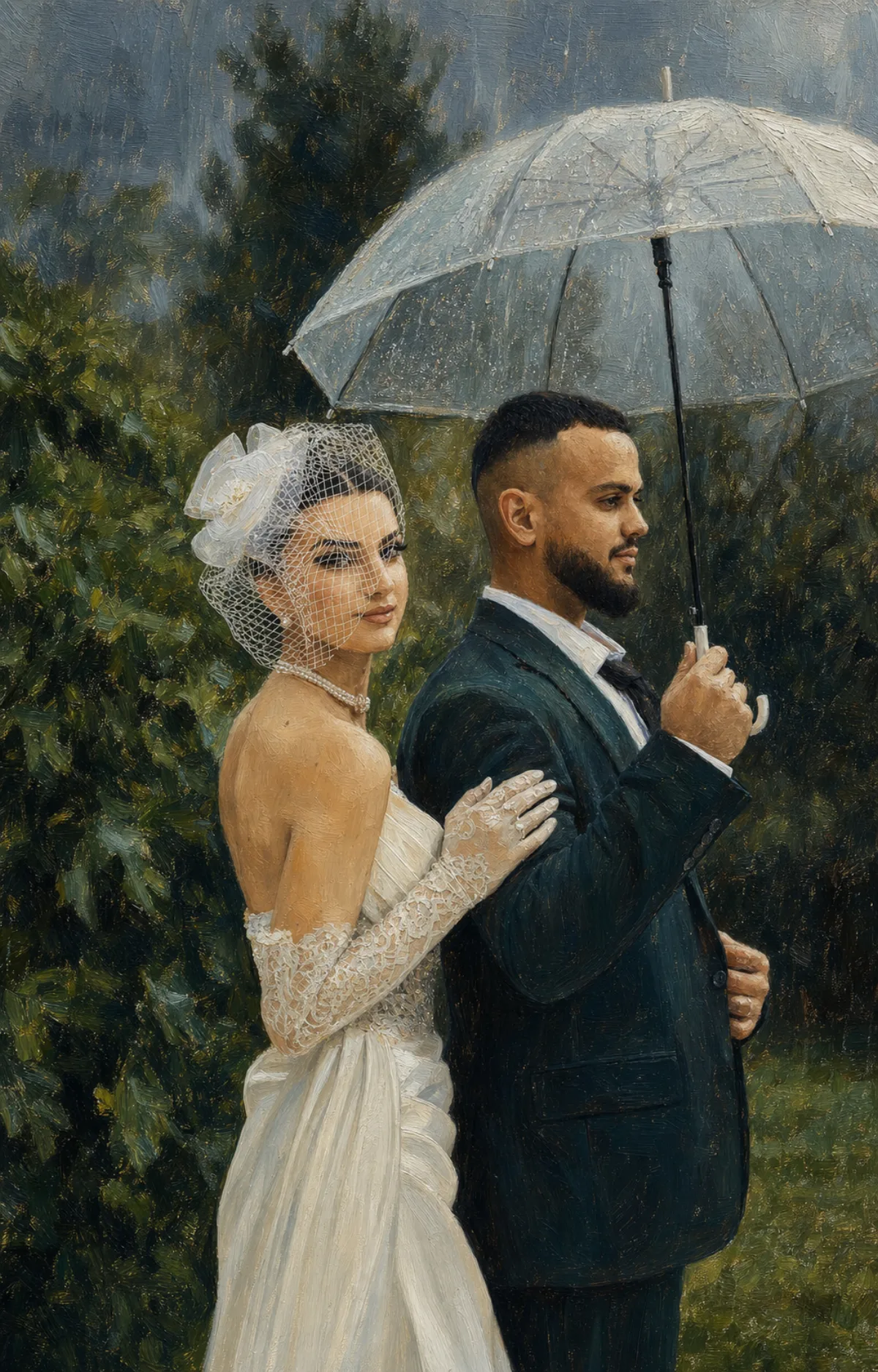 雨伞下新人的婚礼油画定制效果示例
